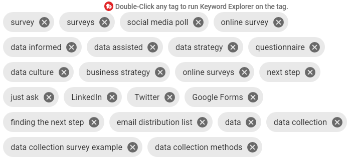 a list of tags including survey, surveys, social media poll, online survey, data strategy, questionnaire, and data collection methods