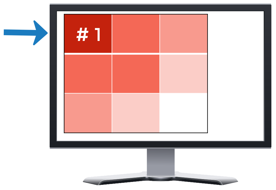 a monitor display broken into nine segments with the topmost leftmost segment labeled #1 and colored in with the darkest color of a gradient, wiht the gradient as white in the bottommost rightmost corner